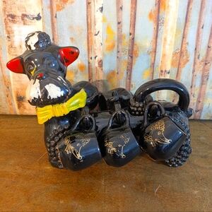 Vintage MCM Poodle Chalkware Decanter With 5 Pup Cups